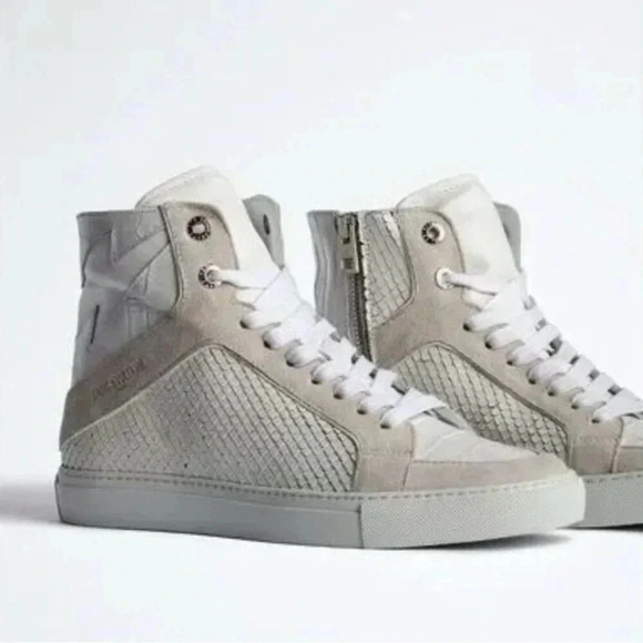 NIB Zadig & Voltaire High Flash Keith Leather Sneaker White Snake Croc Suede 38 - Picture 2 of 13
